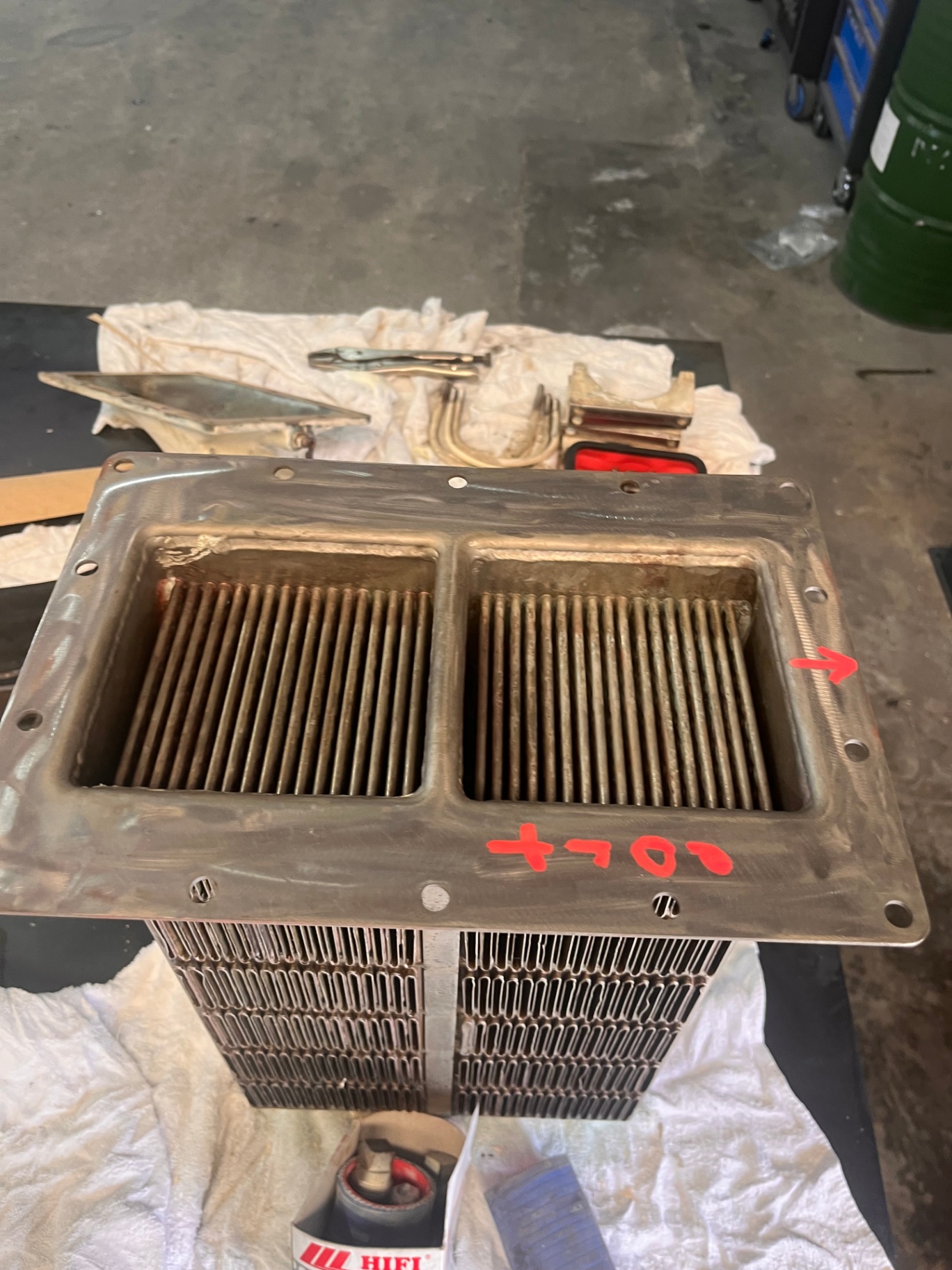 Aftercooler core on the bench ready for chemical clean and pressure test