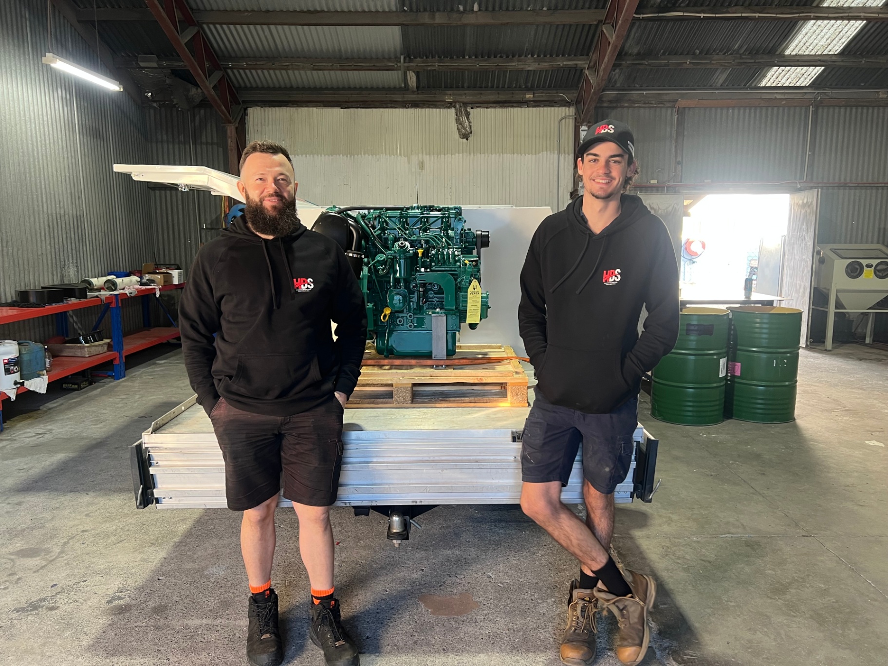 HDS technicians with the new Volvo Penta D2-75 before the install