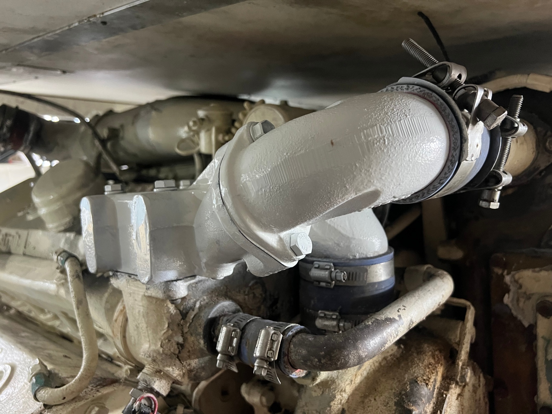 Freshly refitted wet exhaust mixer and piping on the port engine