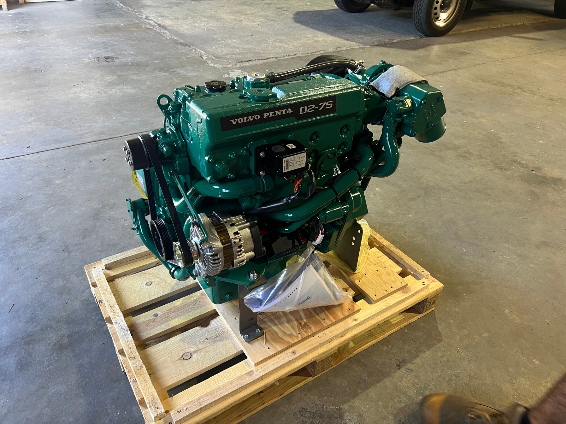 Brand new Volvo Penta D2-75 on the pallet ready to go in