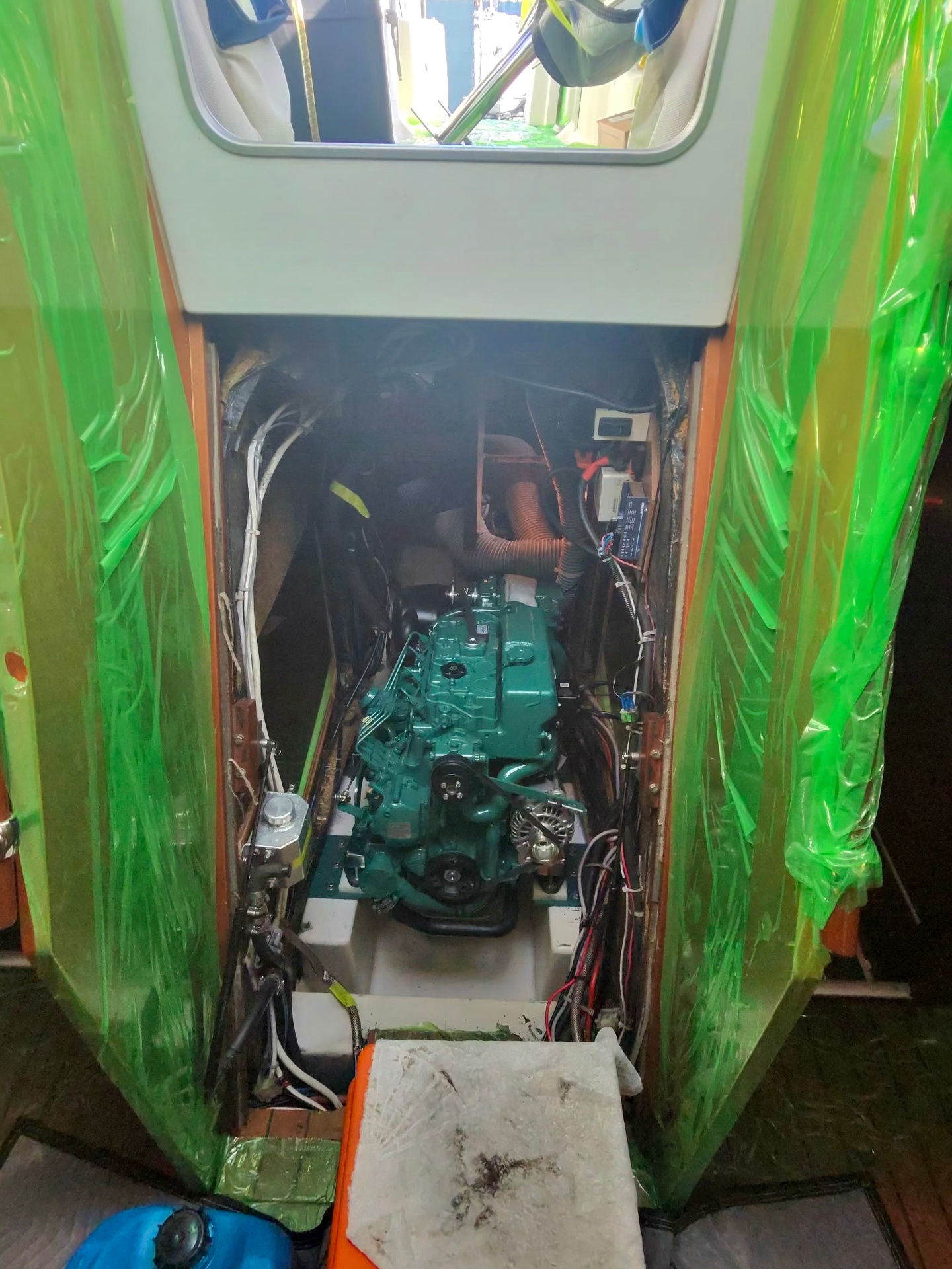 New Volvo Penta D2-75 sitting in the engine bay after install