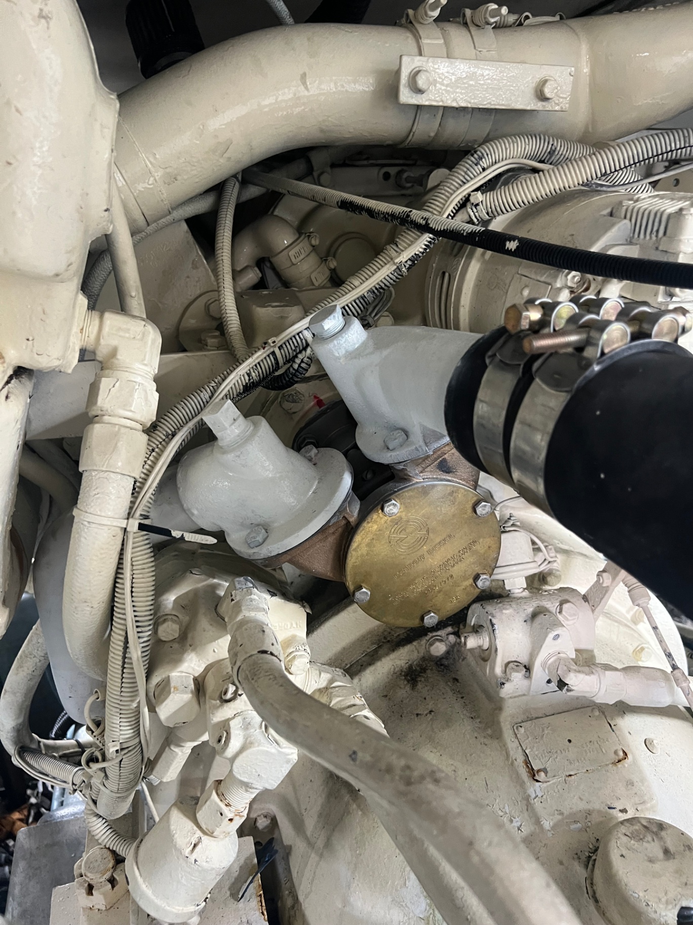 Freshly installed raw water pump on the Detroit 8V92